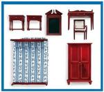 Спальный гарнитур в классическом стиле с кроватью, шкафом, тумбочками, зеркалом, стулом, столом., миниатюра 1:12 ... 